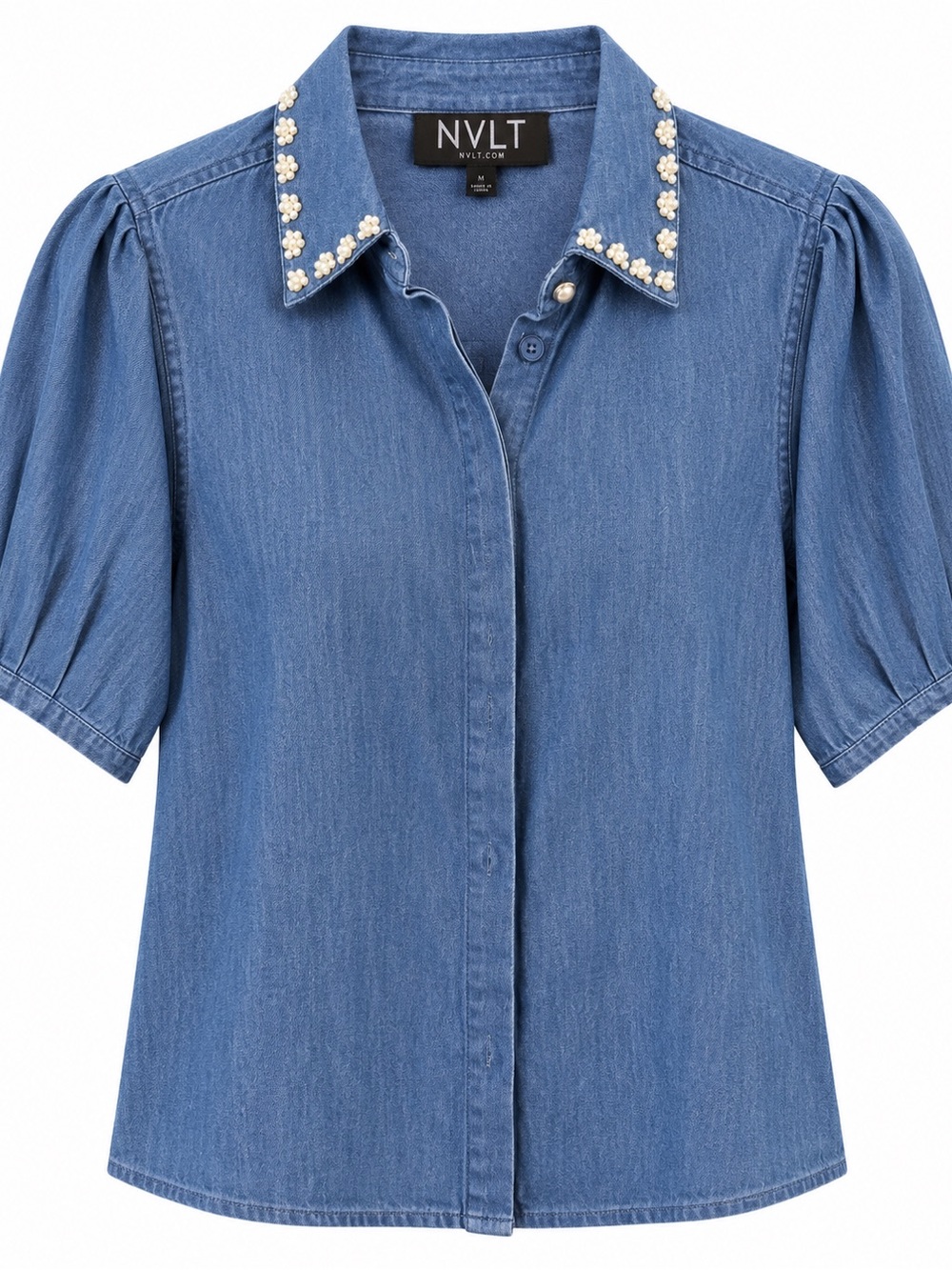 NVLT Denim Pearl-Embellished Short-Sleeve Button-Down